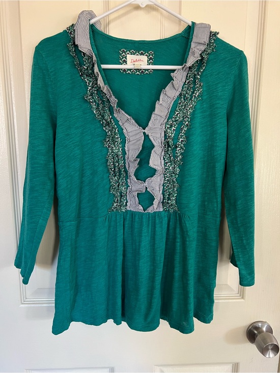 Deletta Tops - Deletta Anthropologie Teal Ruffle Trim Babydoll Top Quarter Sleeve Large